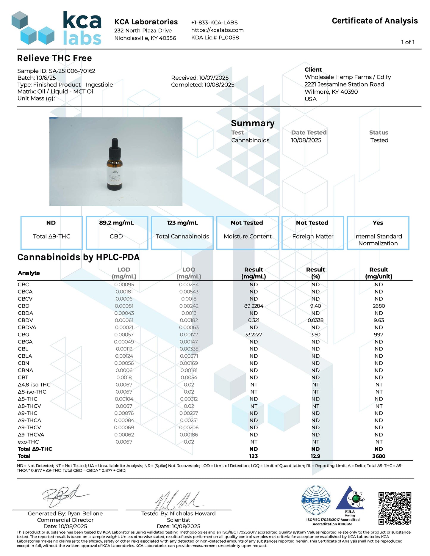 Relieve CBD & CBG Tincture, THC-Free, 2500/1500 MG