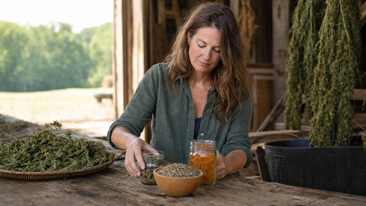 A Kentucky hemp farmer holding a handful of hemp seeds beside a row of hemp plants in morning light