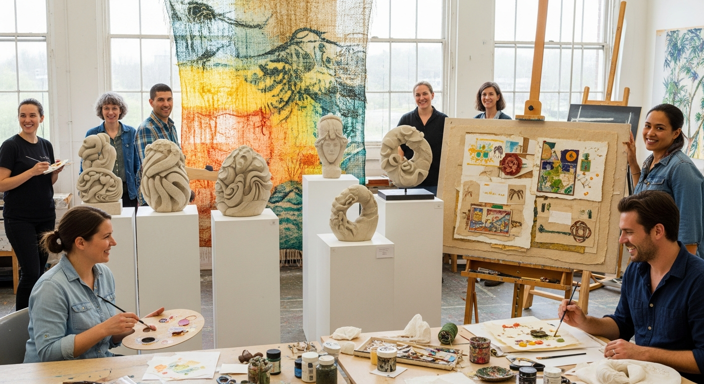 Hemp fiber art installation and textured fiber sculptures