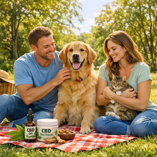 Golden retriever with CBD oil tincture bottle on wooden surface