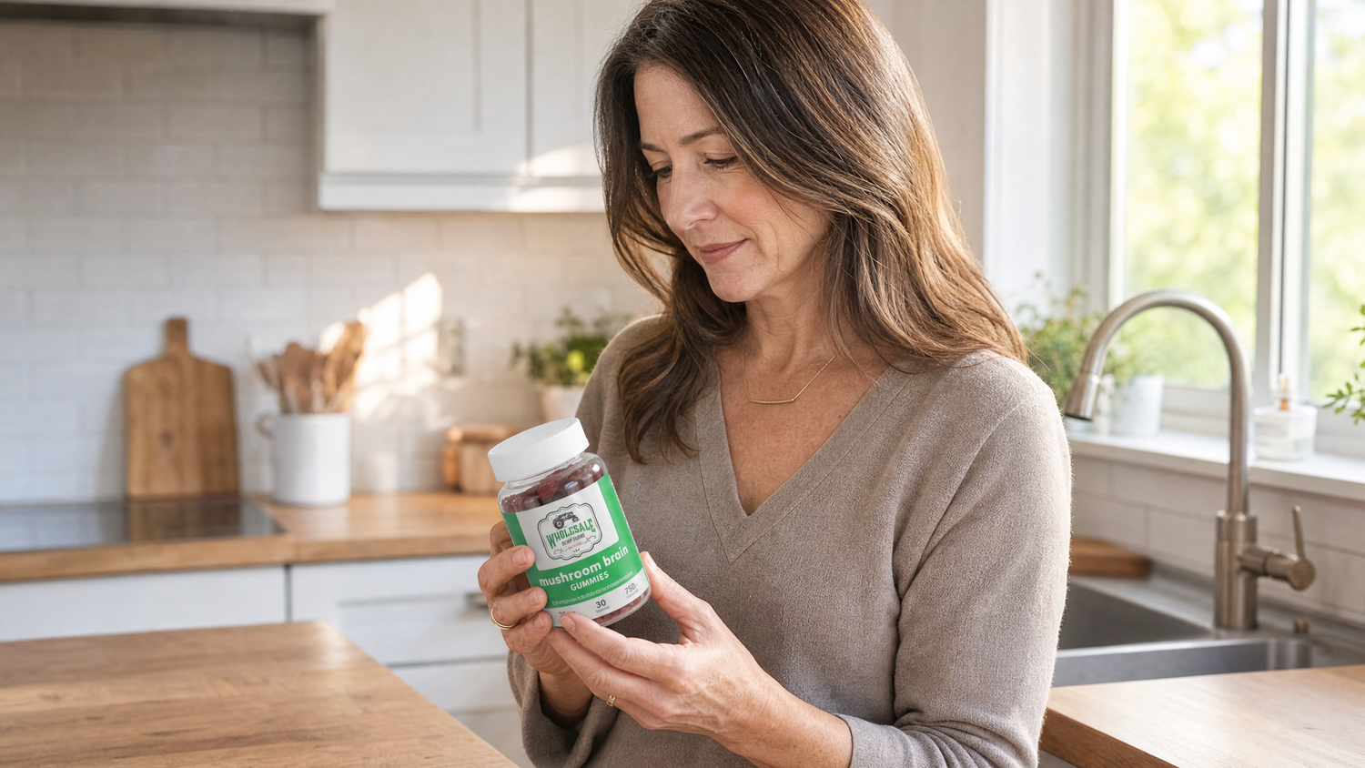 woman holding wholesale hemp farms ashwagandha gummies bottle