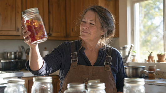 Hemp farmer in a sunlit farmhouse kitchen checking a sealed glass jar of CBD gummies before storing them