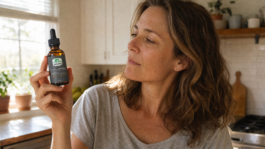 Woman in a sunlit kitchen examining a Wholesale Hemp Farms Relieve full-spectrum CBD tincture dropper