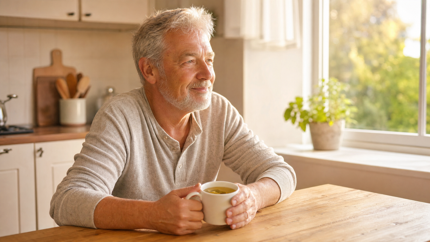 Senior man relaxing at a sunlit kitchen table with a cup of herbal tea