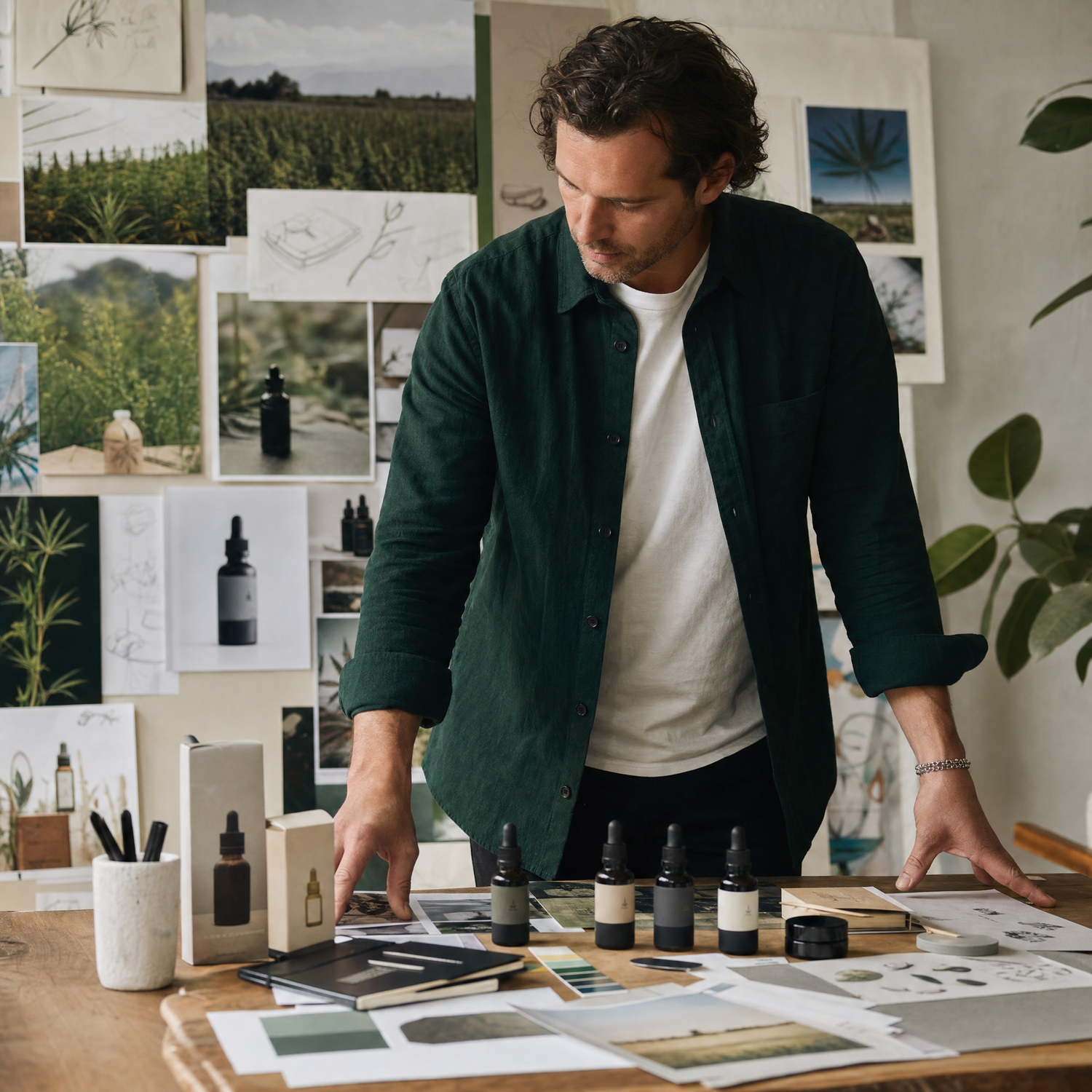 Brand founder reviewing CBD brand building strategy materials including supply chain imagery and brand design elements in a creative planning session