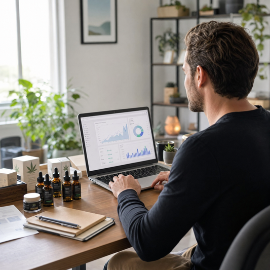 Entrepreneur optimizing CBD dropshipping business strategy on a laptop with hemp products on the desk representing advanced dropship business management