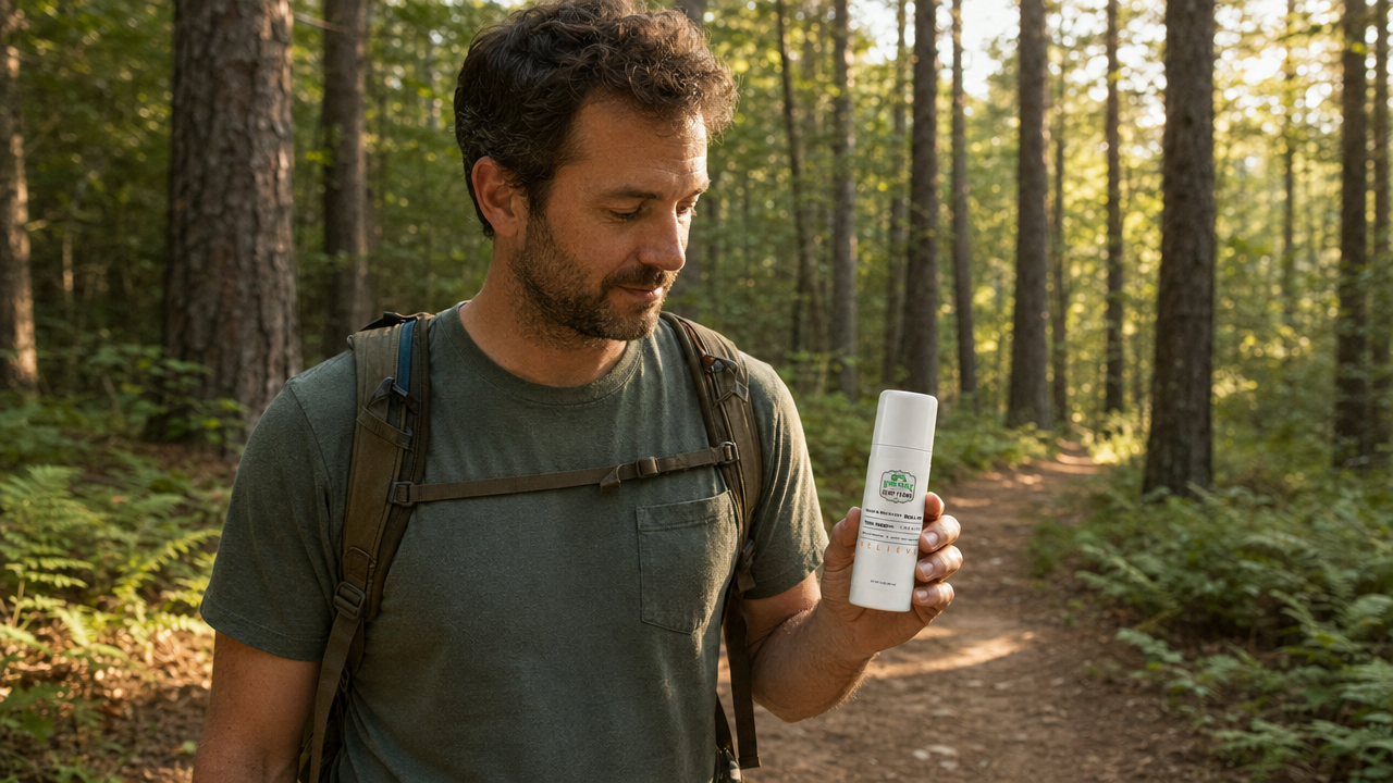 Hiker on a forest trail holding a WHF Relief and Recovery CBD Roll-On during a break