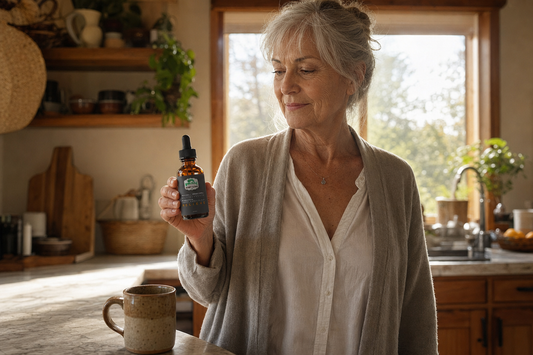 Senior woman standing in a sunlit kitchen holding a Wholesale Hemp Farms CBD tincture for inflammation relief