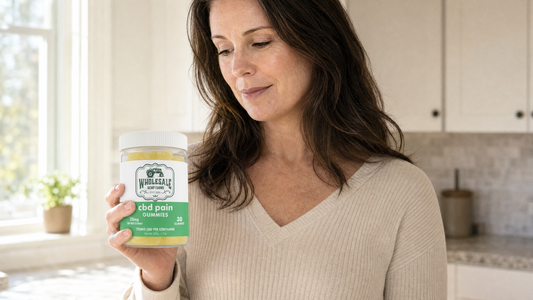 Woman reading the label on a jar of Wholesale Hemp Farms CBD gummies in her kitchen