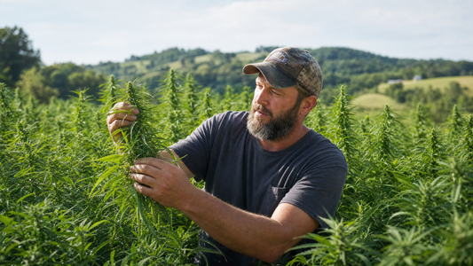 A Wholesale Hemp Farms grower checking rows of hemp plants on the USDA Organic farm in Wilmore, Kentucky