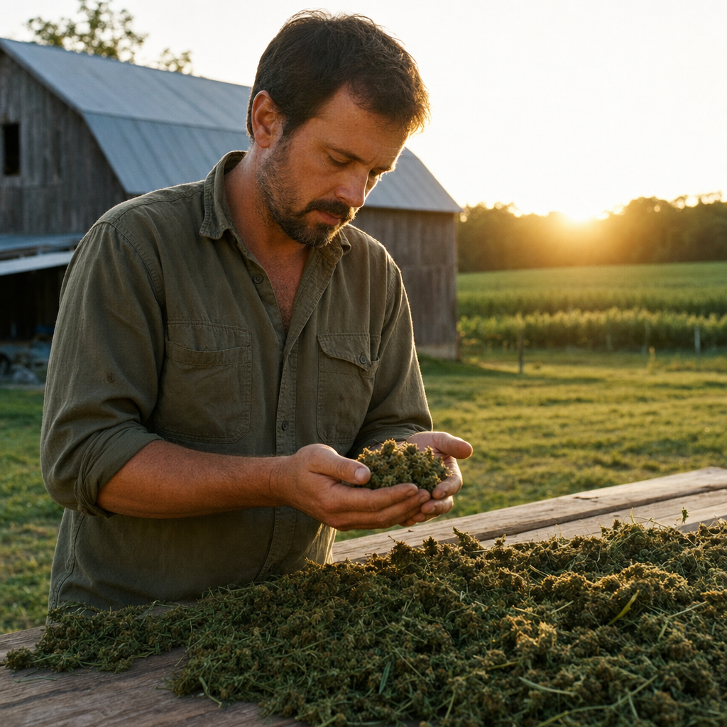 Man examining fresh-cut CBD hemp flower on a Kentucky farm.