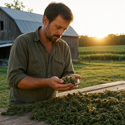Man examining fresh-cut CBD hemp flower on a Kentucky farm.