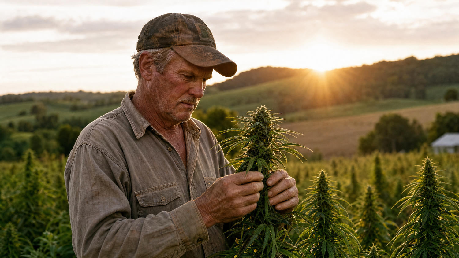 Kentucky hemp farmer inspecting CBD hemp flower plants in a field at golden hour