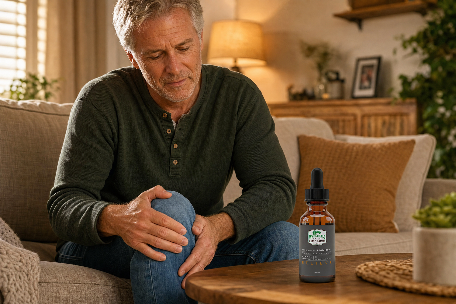 Man in his early 60s seated on a couch with his hand on his knee and a CBD tincture on the table