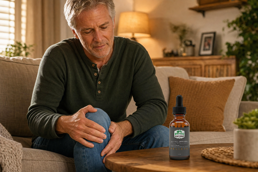 Man in his early 60s seated on a couch with his hand on his knee and a CBD tincture on the table