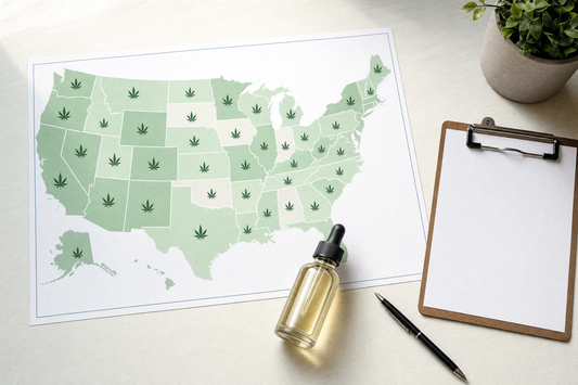 US map with hemp leaf icons beside a CBD tincture and clipboard representing state hemp laws