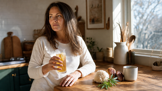 Woman holding hemp CBD mushroom wellness drink in a sunlit kitchen