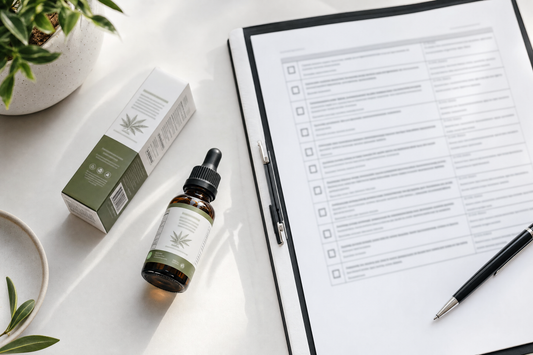 CBD tincture bottle with visible label next to compliance documentation representing CBD label requirements review