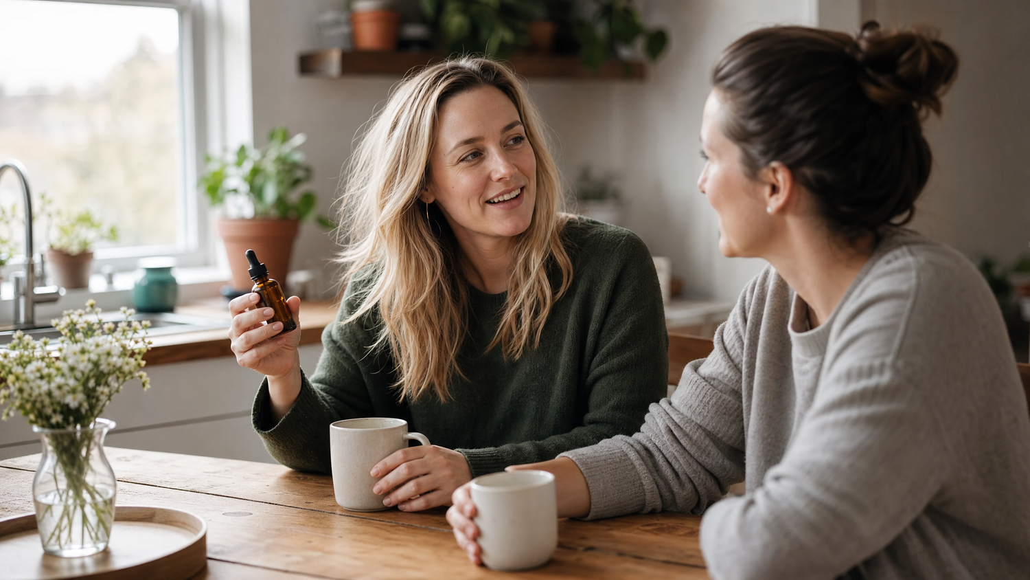 Two people chatting over coffee at a sunny table, one holding a small amber tincture bottle in a relaxed setting