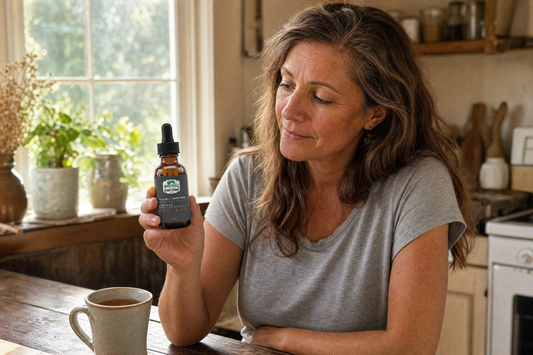 Woman in her mid-40s at a kitchen table holding a WHF Relieve CBD tincture with morning light