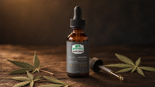 Wholesale Hemp Farms Relieve CBD and CBG tincture bottle on a dark wood surface with hemp leaves