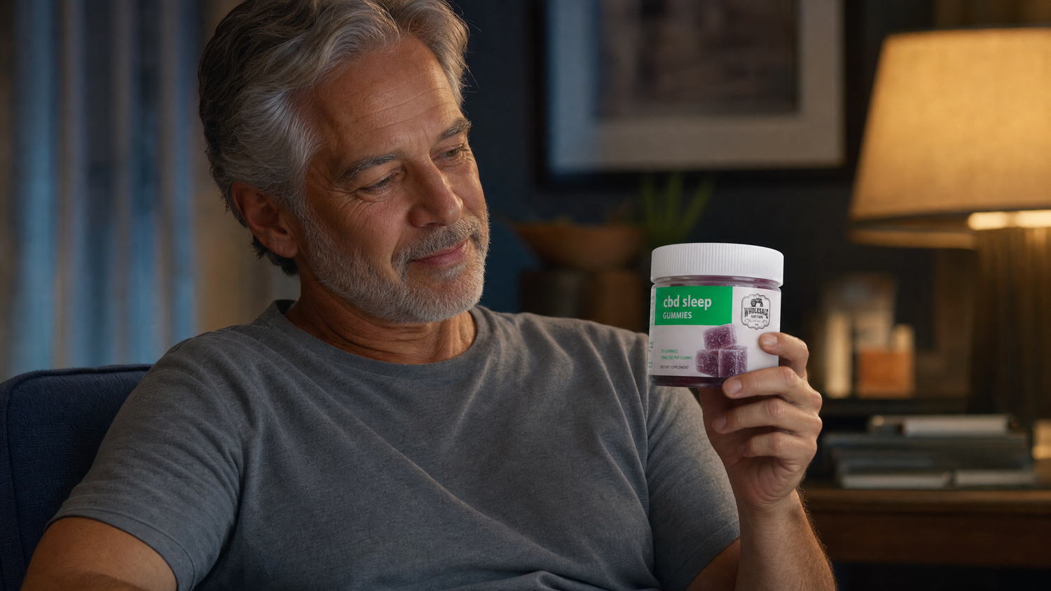 Man in his late 50s relaxing in a living room in the evening holding a Wholesale Hemp Farms CBD Sleep Support Hemp Gummy jar