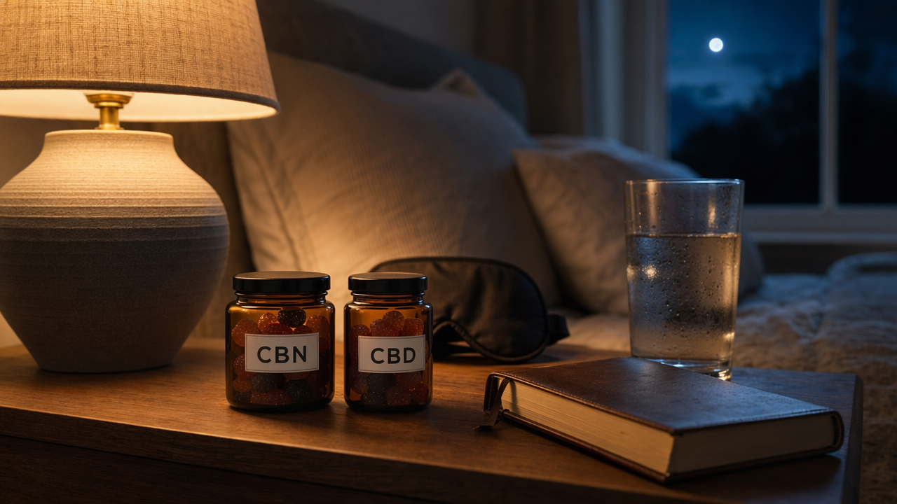 CBN and CBD gummy jars on a bedroom nightstand at night with a sleep mask, book, and moonlit window