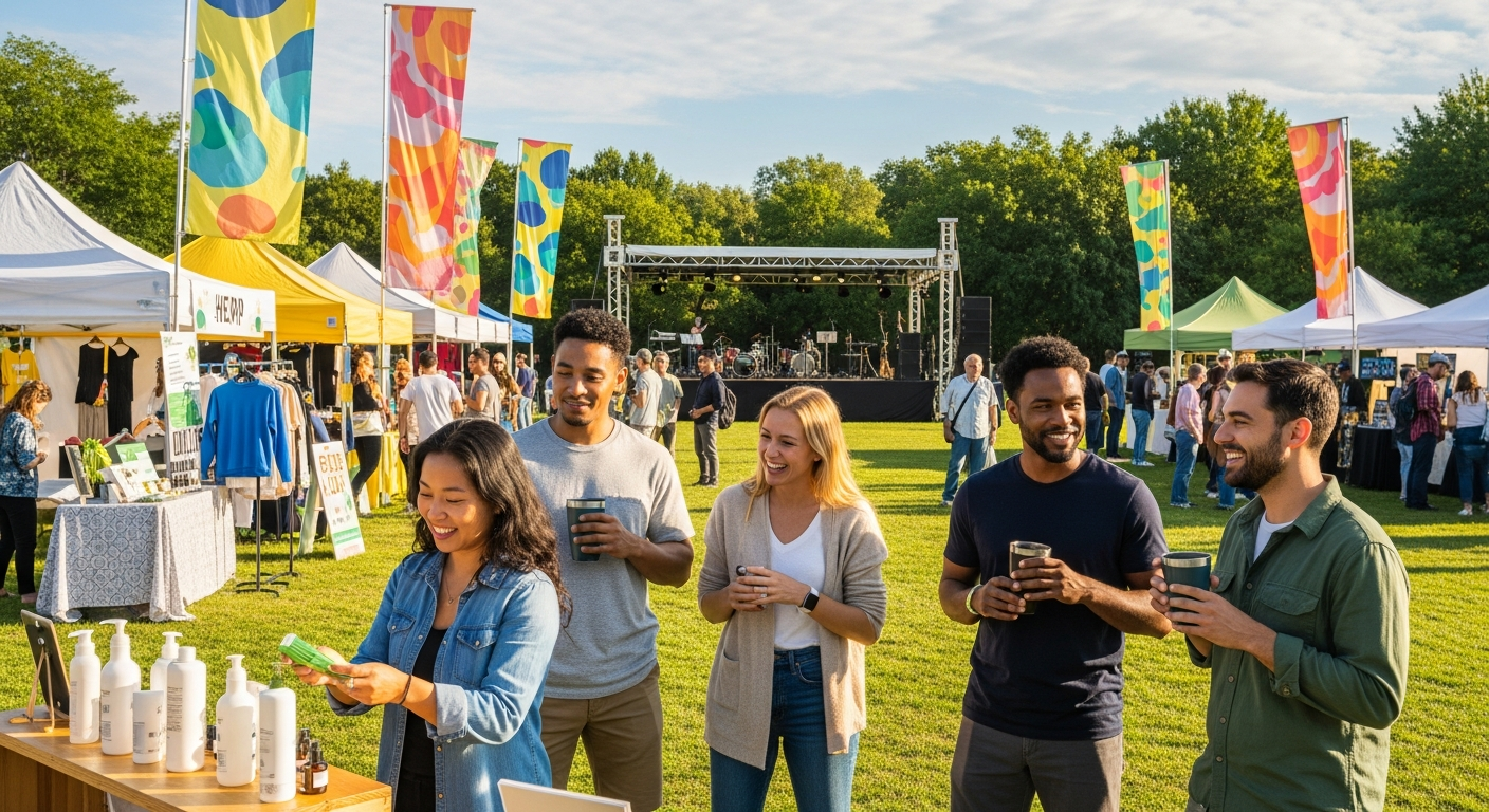 Outdoor hemp festival with vendor booths and visitors under sunny skies