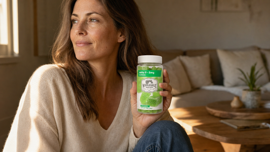Woman relaxing at home holding WHF Hemp Delta 9 Gummy jar in a warmly lit living room