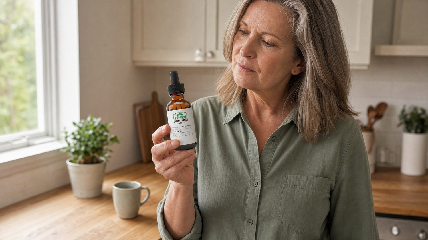 Woman in her kitchen examining a Wholesale Hemp Farms Relieve CBD tincture label