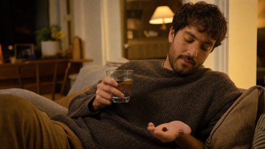 Person relaxing on a couch in warm evening light holding a Wholesale Hemp Farms CBN gummy