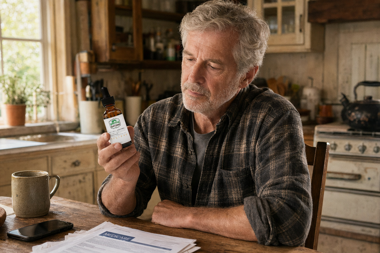 Senior man holding a Relieve CBD tincture while reviewing Medicare paperwork at his kitchen table