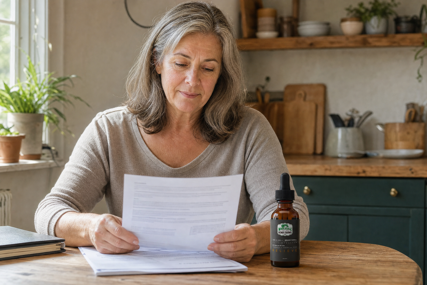 Senior couple reviewing Medicare CBD oil coverage paperwork at a kitchen table, Wholesale Hemp Farms