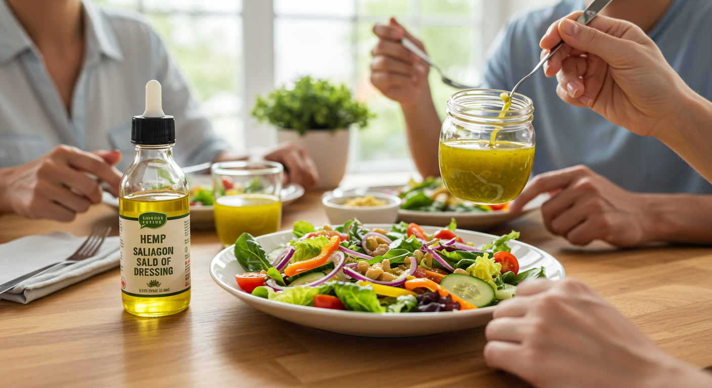 Drizzle of golden hemp oil over fresh salad greens and vegetables