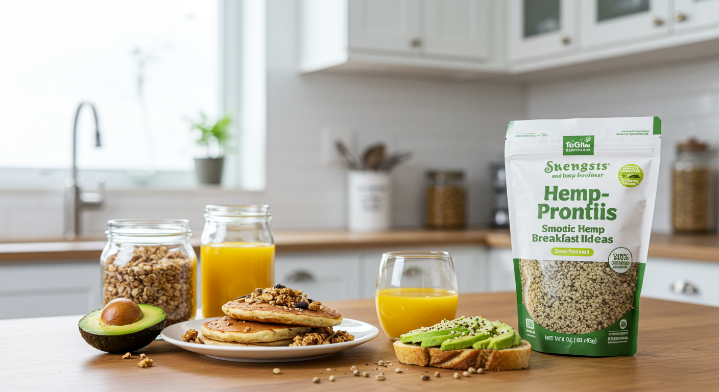 Overhead shot of hemp seeds sprinkled over oatmeal breakfast bowl