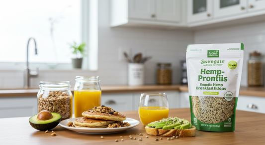 Overhead shot of hemp seeds sprinkled over oatmeal breakfast bowl
