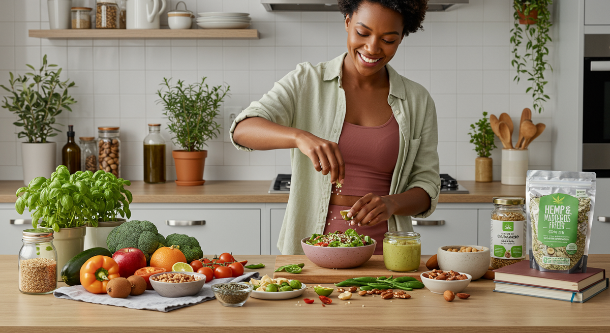 Bowl of hemp seeds and plant-based ingredients in natural lighting