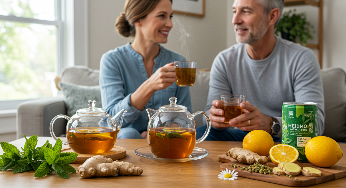 Steaming cup of hemp-blended tea with dried flowers and herbs