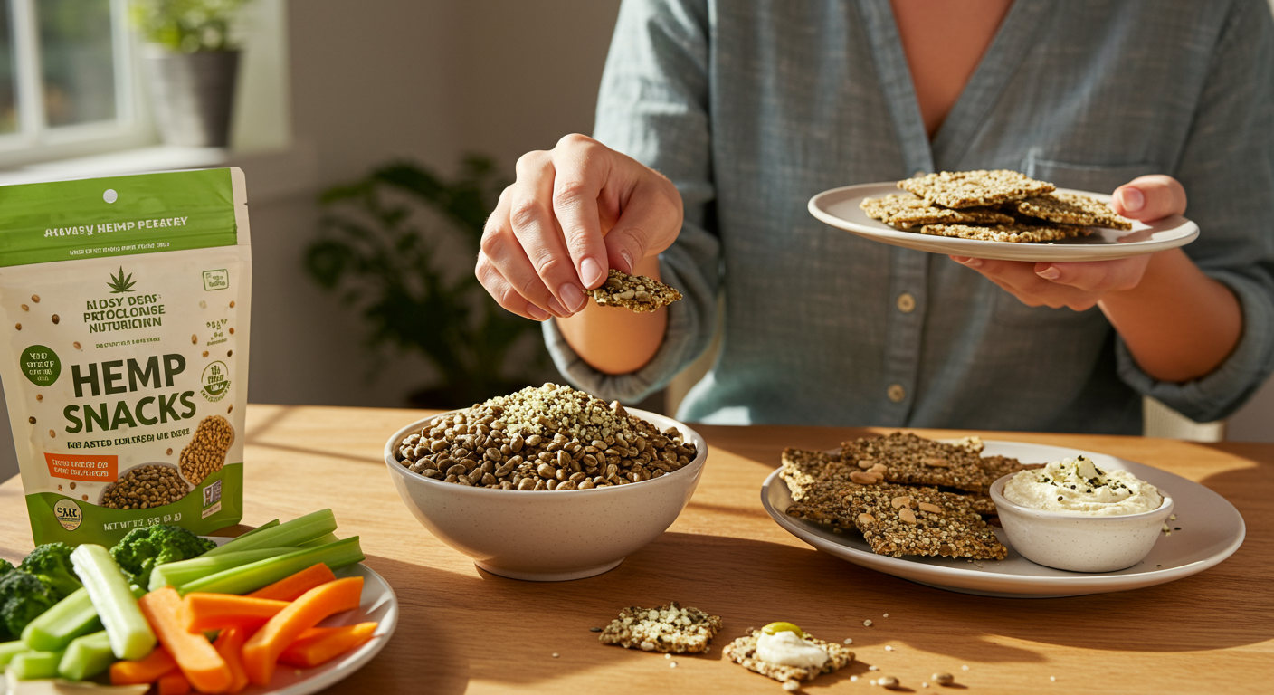 Bowl of hemp-based savory snacks and roasted hemp seeds