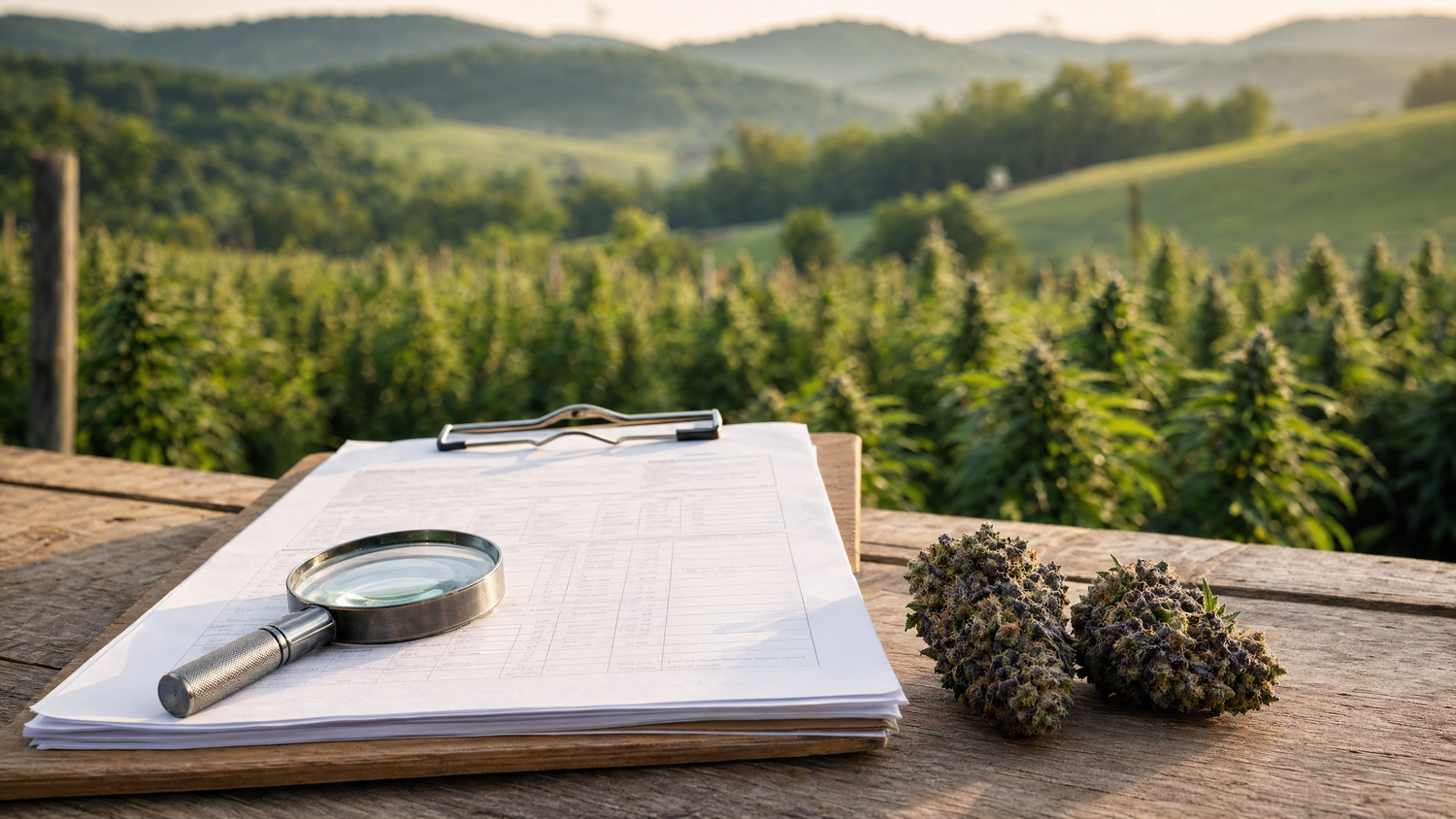 Hemp COA document on a clipboard beside hemp flower buds with a Kentucky farm in the background
