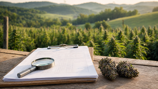 Hemp COA document on a clipboard beside hemp flower buds with a Kentucky farm in the background