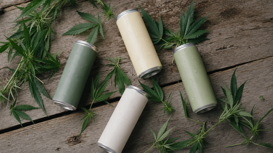Assorted hemp-infused beverage cans with hemp plant leaves on a wooden surface