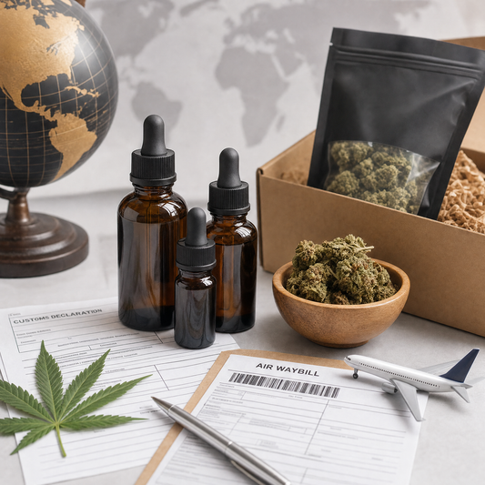 Premium US hemp CBD products alongside international shipping documentation representing hemp export and global market distribution
