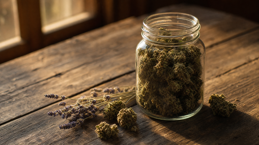 Jar of cured hemp flower on a wooden farm table in warm evening light