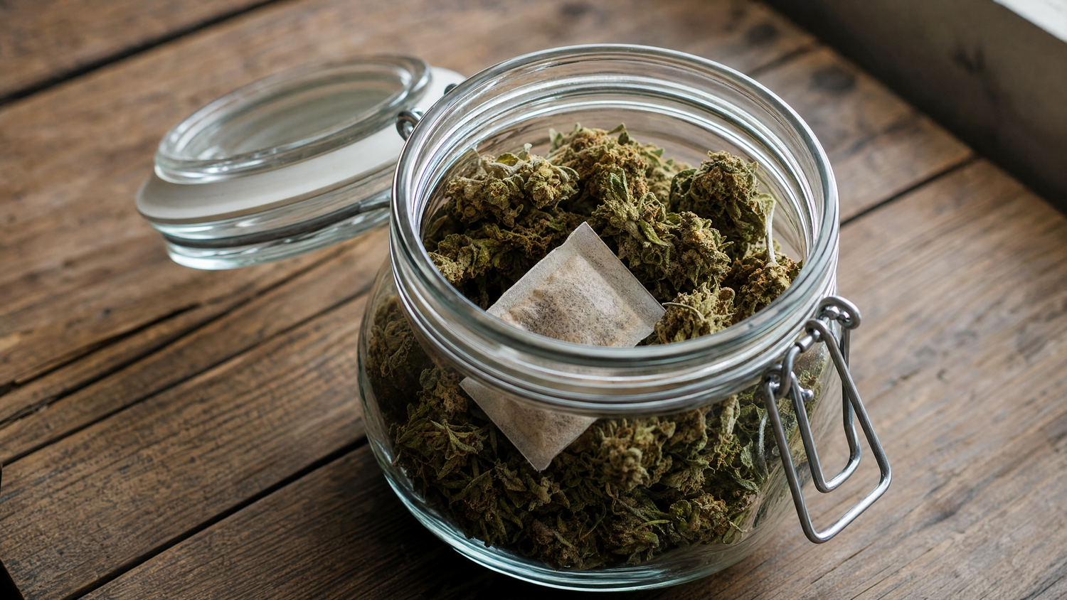 Dried hemp flower buds stored in an open glass mason jar with a humidity pack on a wooden table