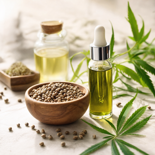 Hemp seeds, hemp seed oil, and hemp plant leaves representing the nutritional and botanical sources of hemp health benefits
