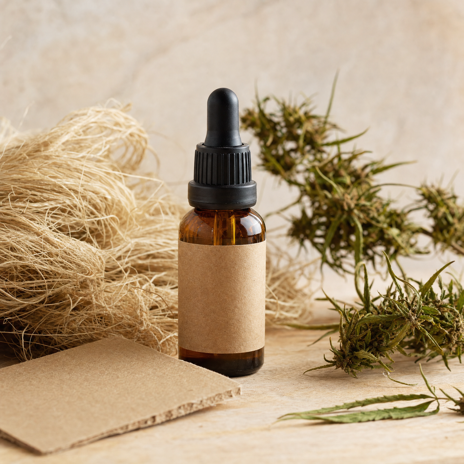 Amber glass CBD tincture with kraft label surrounded by sustainable natural hemp packaging materials representing eco-friendly hemp brand packaging