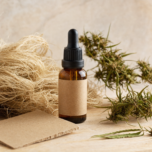 Amber glass CBD tincture with kraft label surrounded by sustainable natural hemp packaging materials representing eco-friendly hemp brand packaging