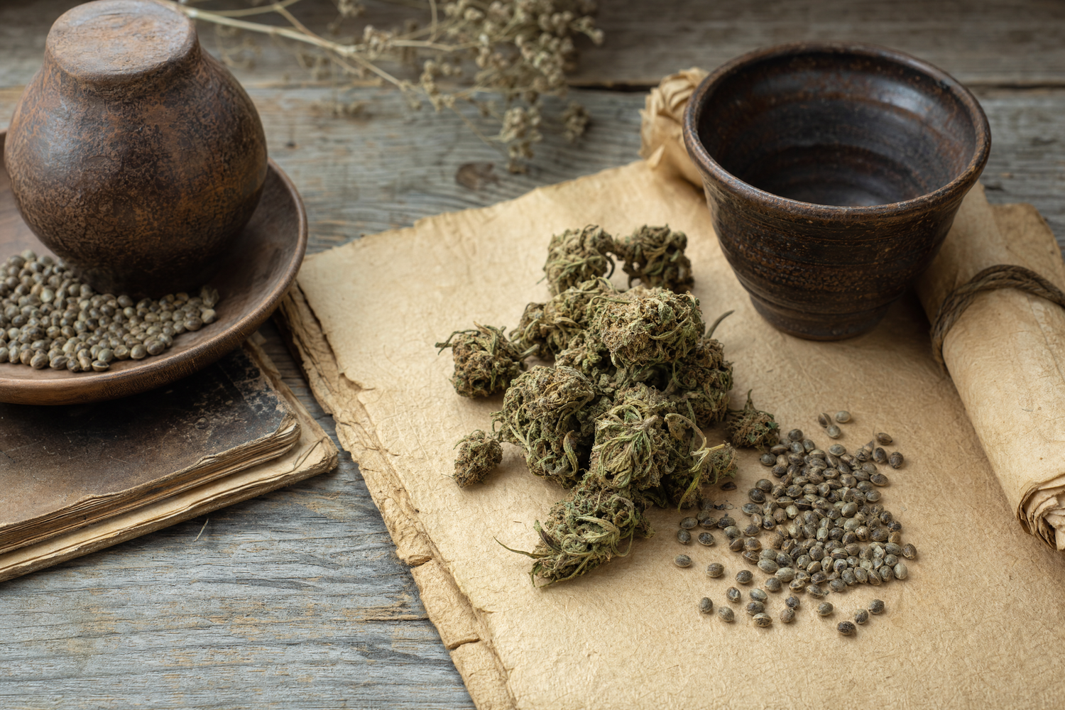 Hemp flower and seeds on a weathered wooden surface evoking traditional use