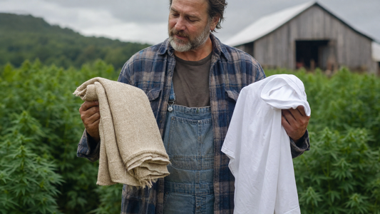 A Kentucky hemp farmer comparing a swatch of natural hemp fabric and a white cotton shirt outdoors on the farm